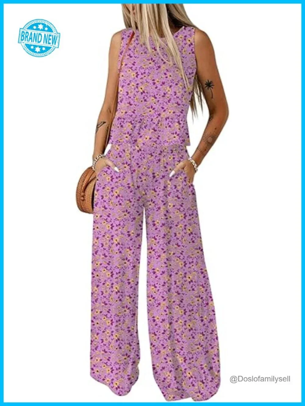 2 Piece Outfit Sleeveless Tank Top Wide Leg Pants Set Matching Lounge Set
